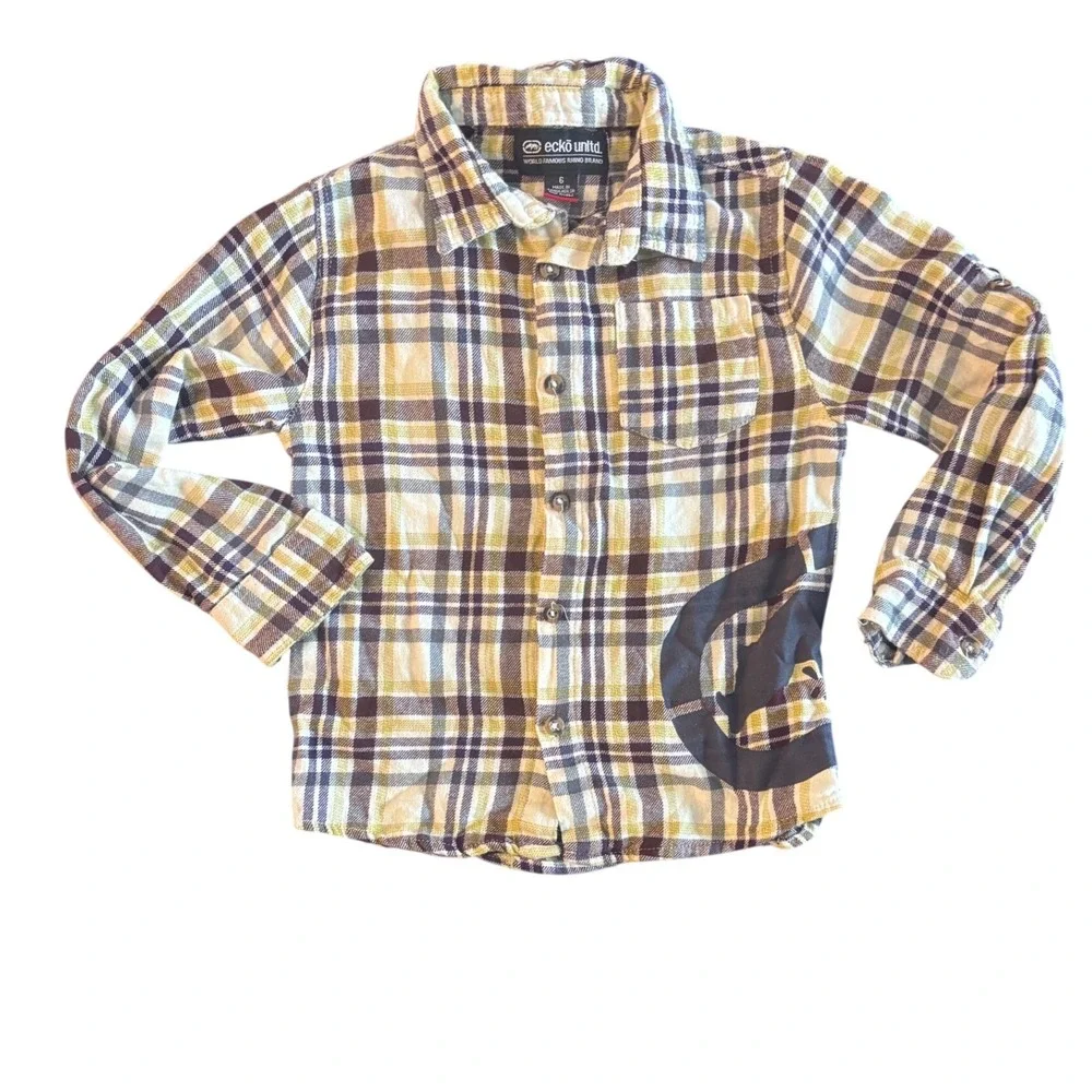 Ecko Unltd Boys Plaid Button Down Shirt Yellow Navy White Rhino Logo Size 6